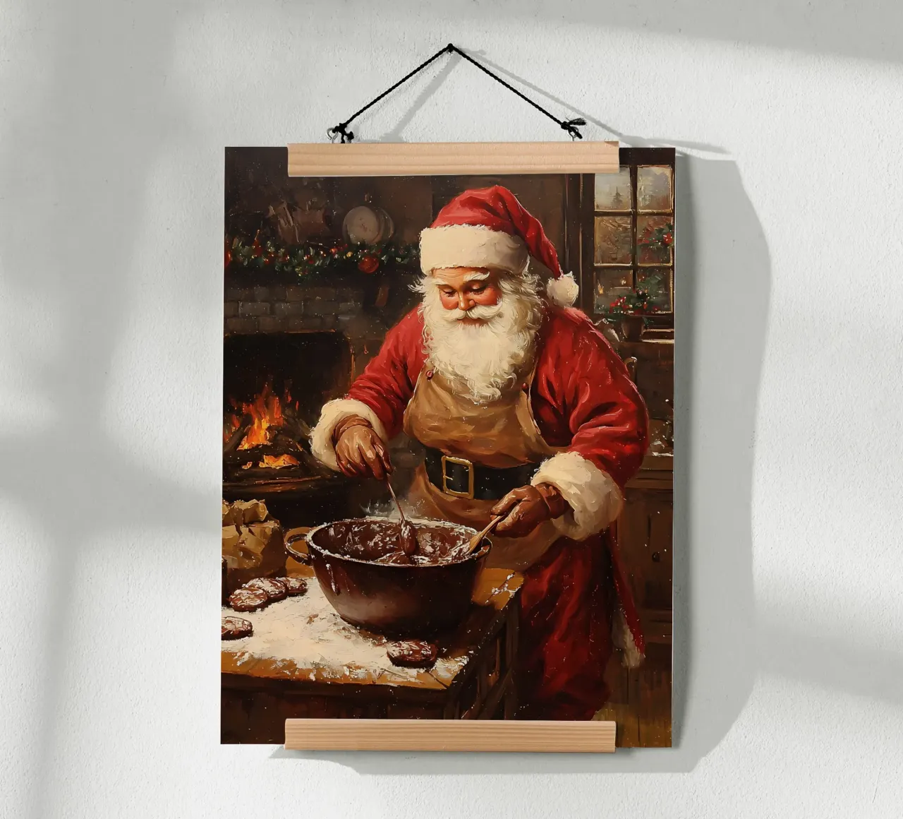 Babbo Natale che prepara i biscotti al cioccolato poster con telaio in plastica da IamHomeStudio