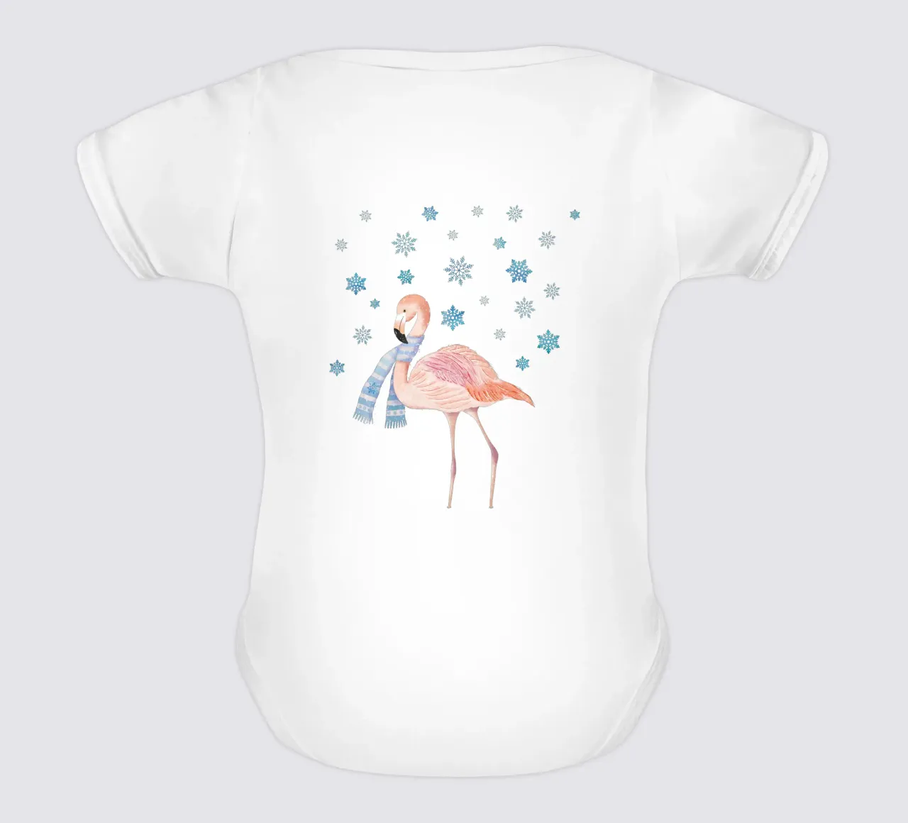 Flamingo in winter. Snowy landscape with forest. short-sleeve baby romper by CalliLetters