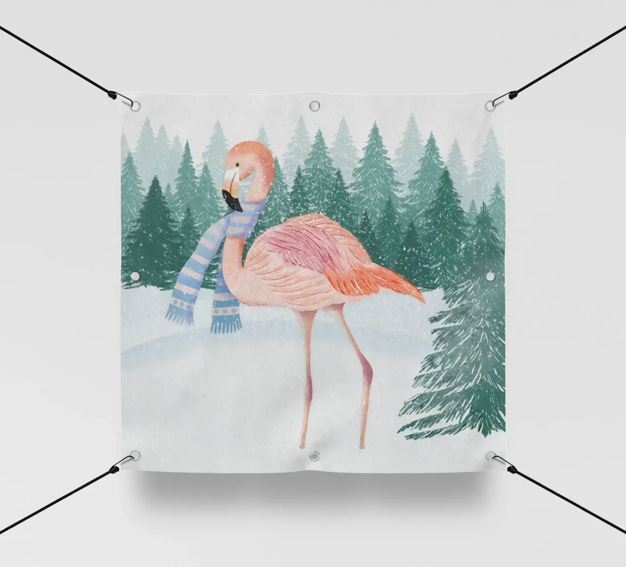 Fenicottero in inverno. Paesaggio innevato con foresta. telo in pvc da CalliLetters