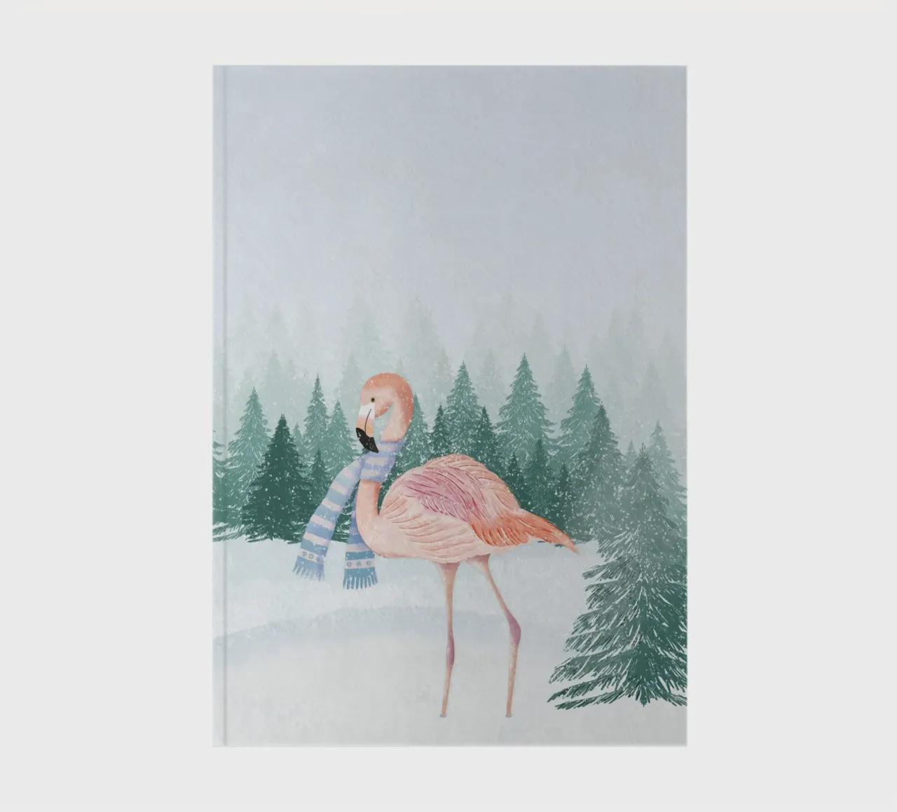 Flamingo in winter. Snowy landscape with forest. notebook by CalliLetters