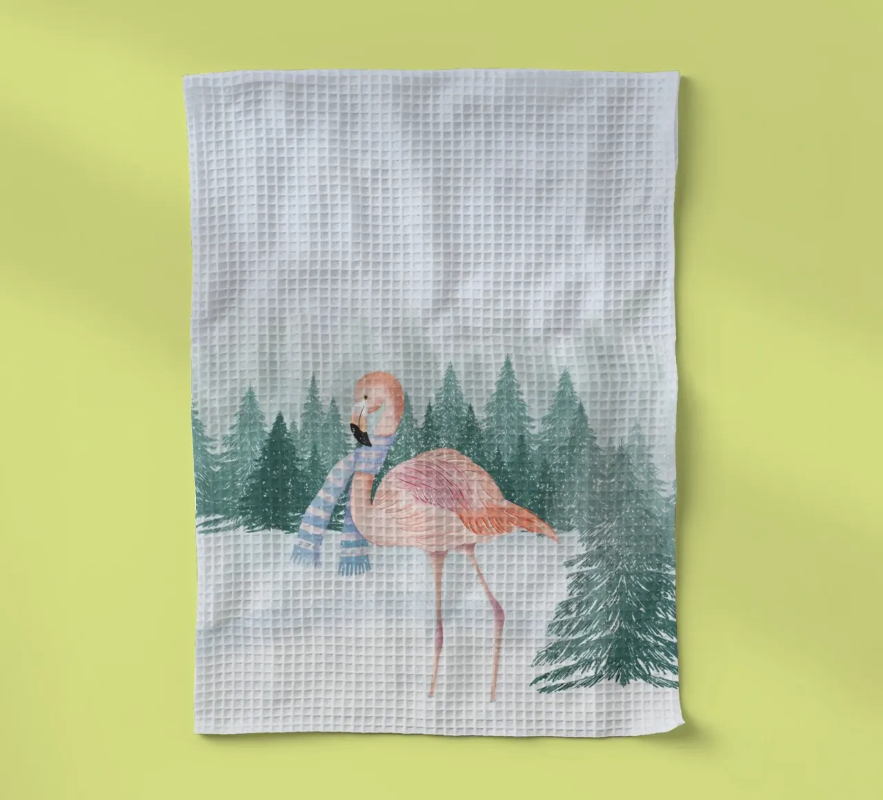 Fenicottero in inverno. Paesaggio innevato con foresta. canovaccio da cucina da CalliLetters