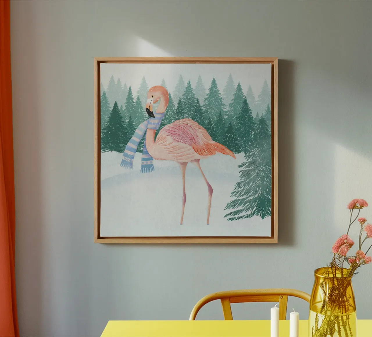 Flamingo in winter. Snowy landscape with forest. canvas by CalliLetters
