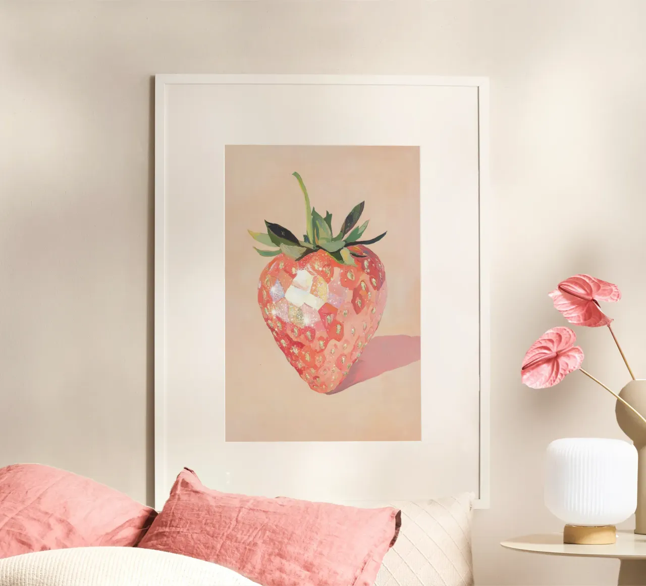 Arte geometrica della fragola poster con telaio in legno da Melloi Art Print