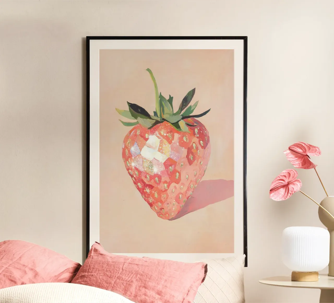 Arte geometrica della fragola poster con telaio in legno da Melloi Art Print
