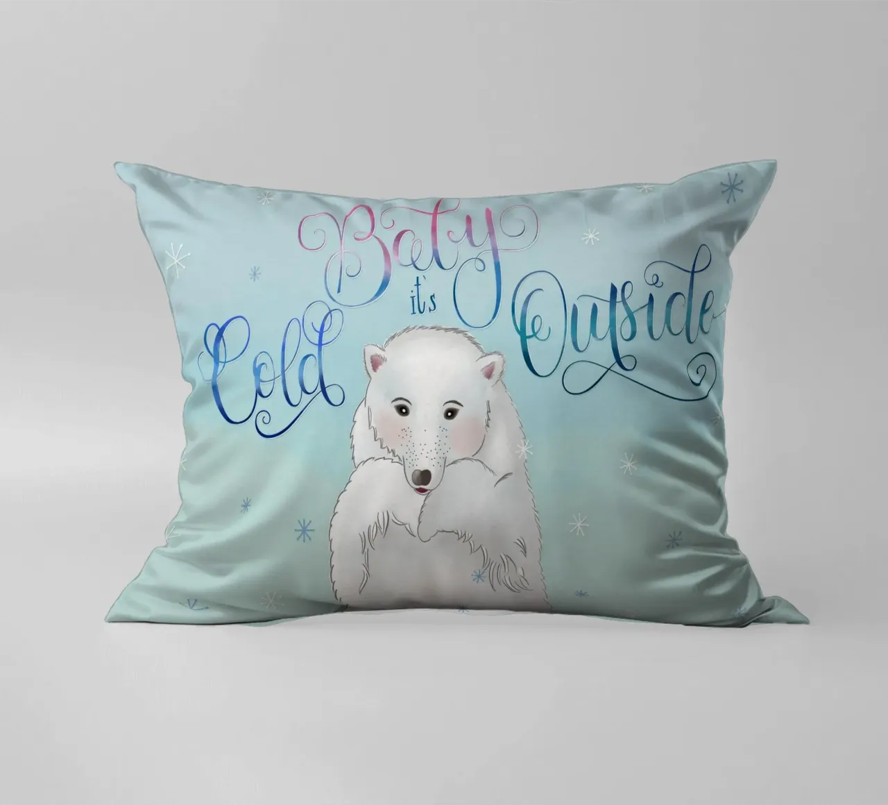 Piccolo, fuori fa freddo. Simpatico orso polare in piedi nella neve. cuscino da CalliLetters