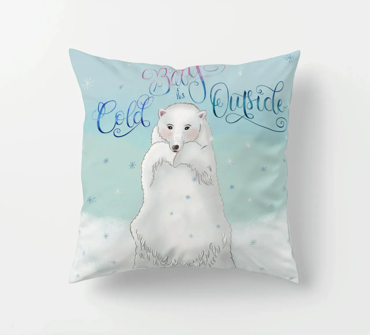 Piccolo, fuori fa freddo. Simpatico orso polare in piedi nella neve. cuscino da CalliLetters