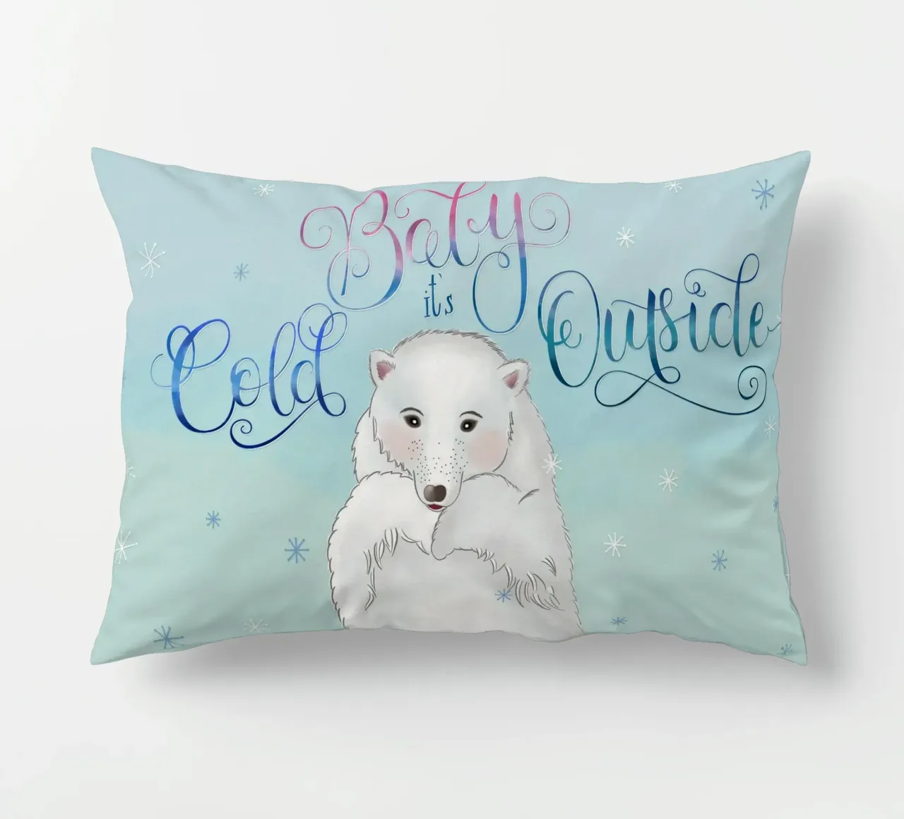 Piccolo, fuori fa freddo. Simpatico orso polare in piedi nella neve. cuscino da CalliLetters