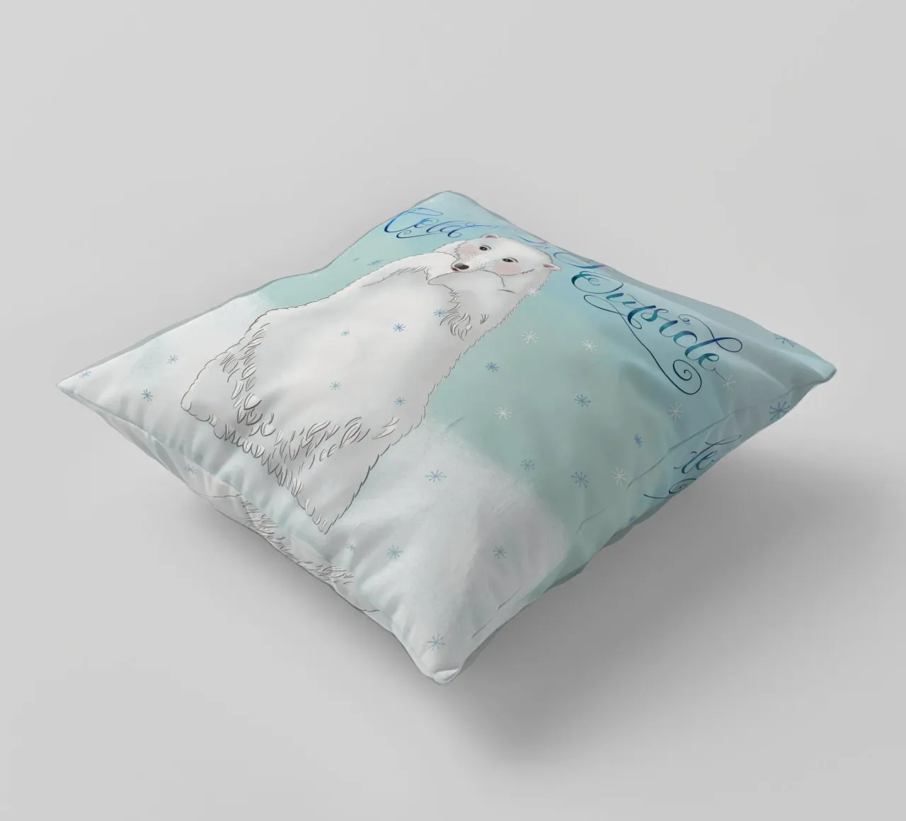 Piccolo, fuori fa freddo. Simpatico orso polare in piedi nella neve. cuscino da CalliLetters
