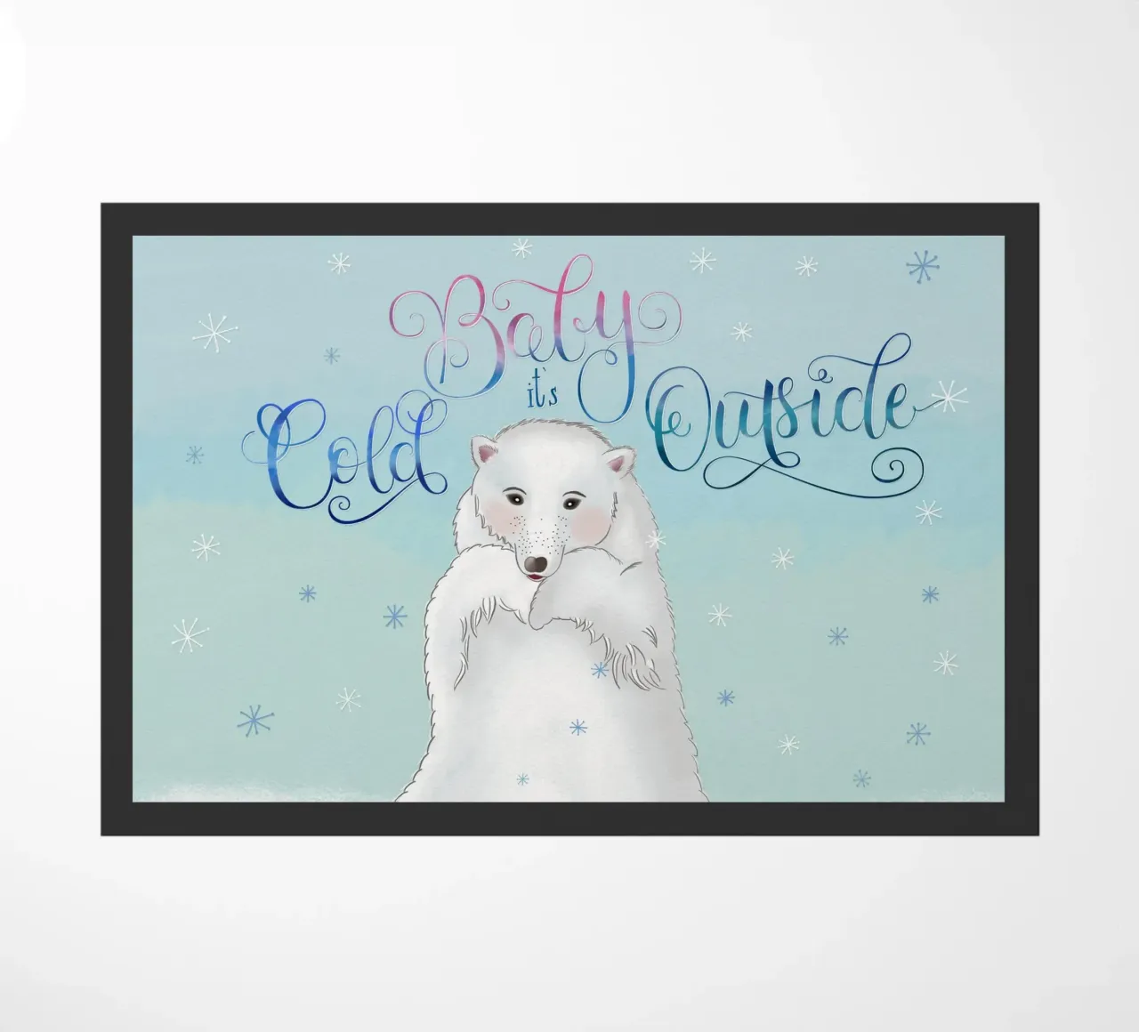Piccolo, fuori fa freddo. Simpatico orso polare in piedi nella neve. zerbino da CalliLetters