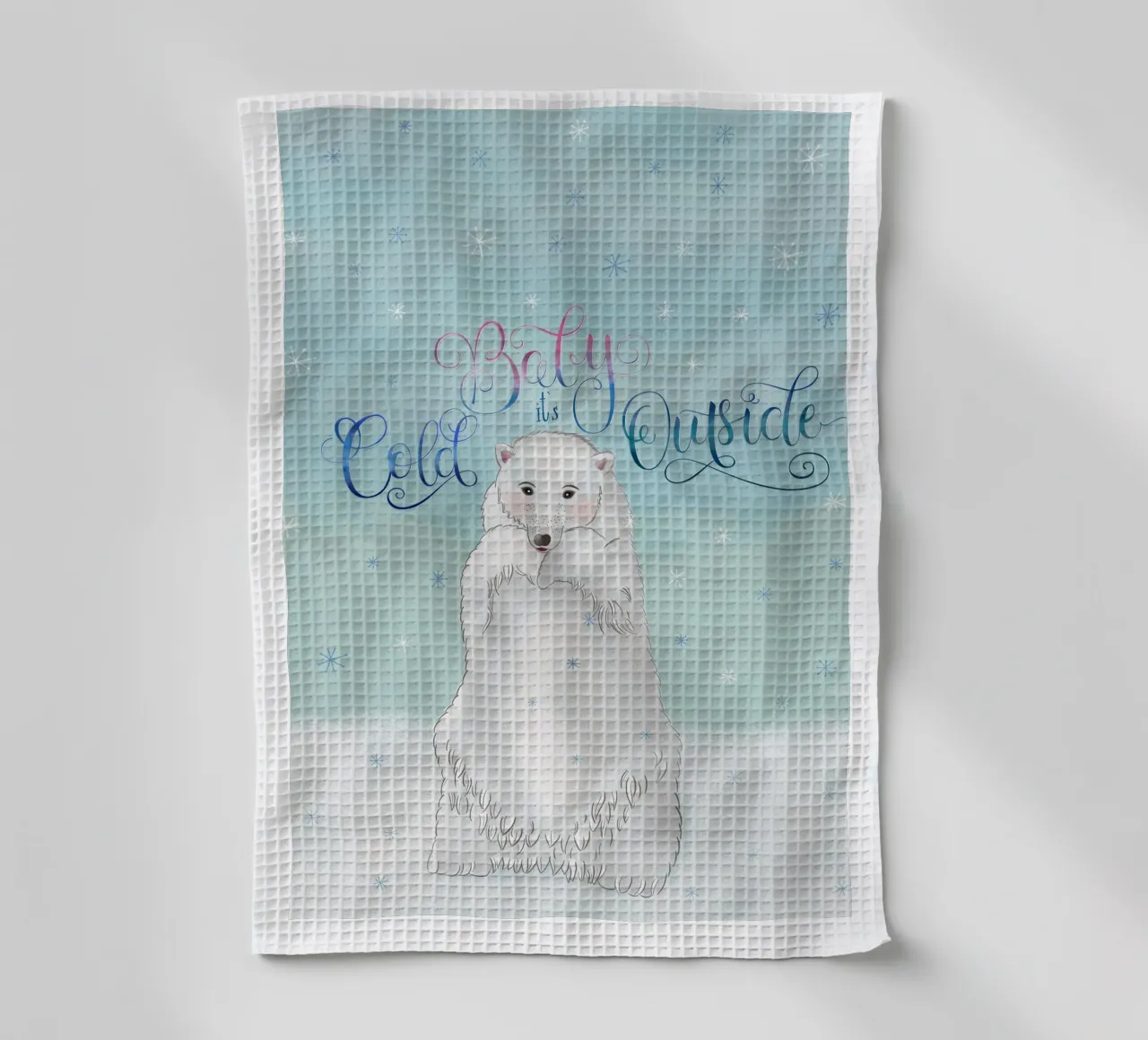 Piccolo, fuori fa freddo. Simpatico orso polare in piedi nella neve. canovaccio da cucina da CalliLetters