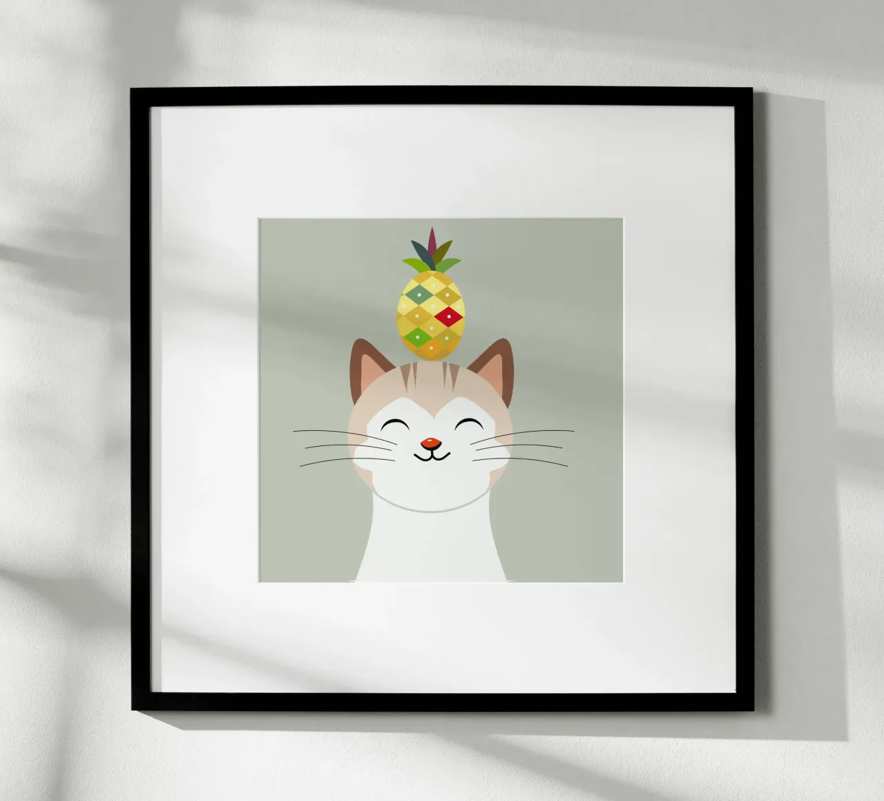 Gatto allegro con ananas - Disegno di animali tropicali poster con telaio in alluminio da namosh