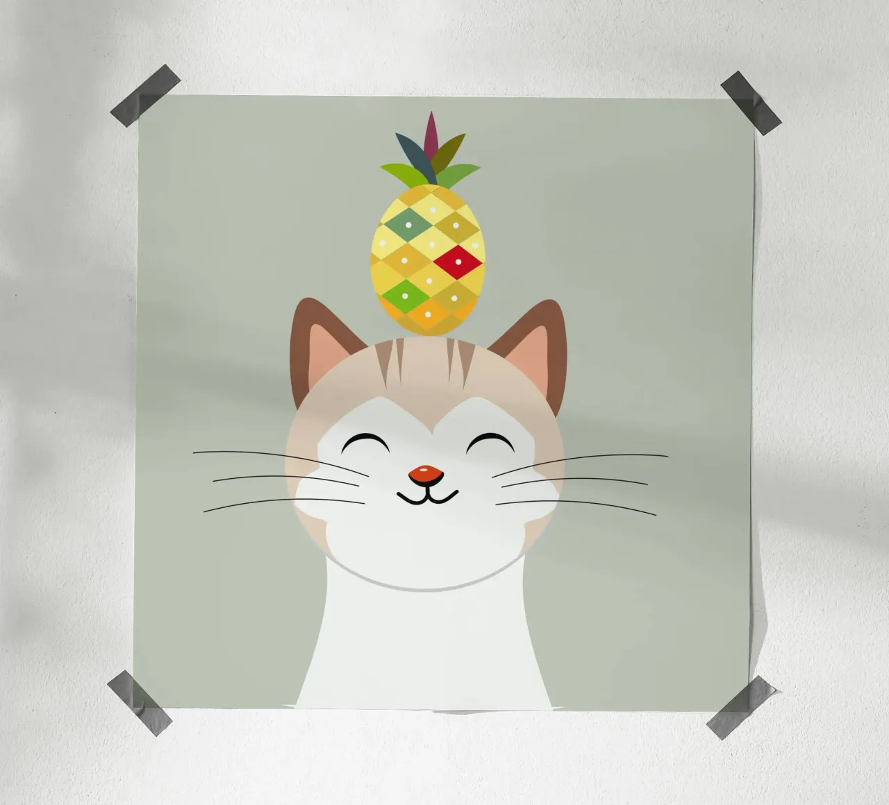 Gatto allegro con ananas - Disegno di animali tropicali poster con telaio in alluminio da namosh