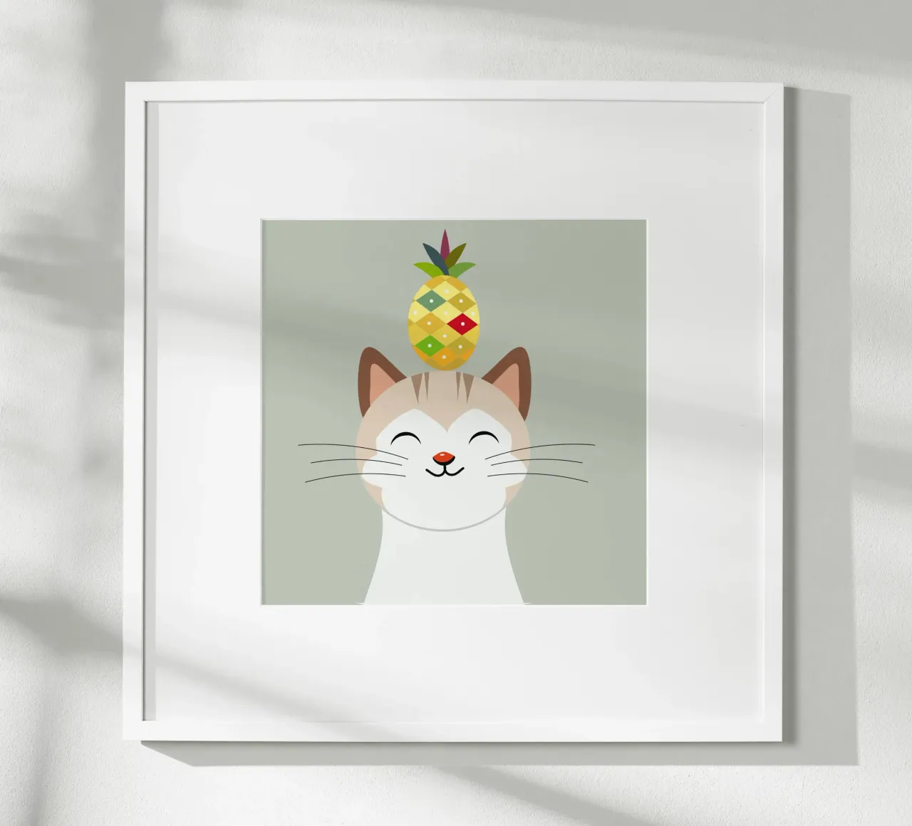 Gatto allegro con ananas - Disegno di animali tropicali poster con telaio in alluminio da namosh