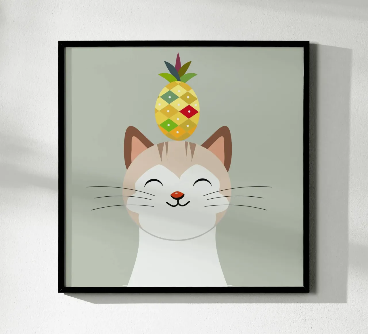 Gatto allegro con ananas - Disegno di animali tropicali poster con telaio in alluminio da namosh