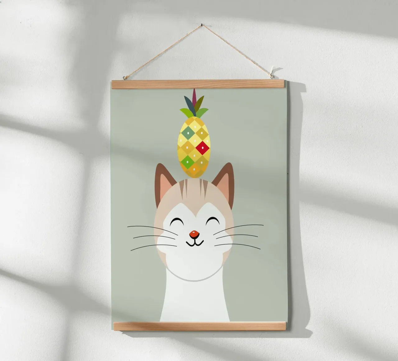 Gatto allegro con ananas - Disegno di animali tropicali poster con telaio in alluminio da namosh