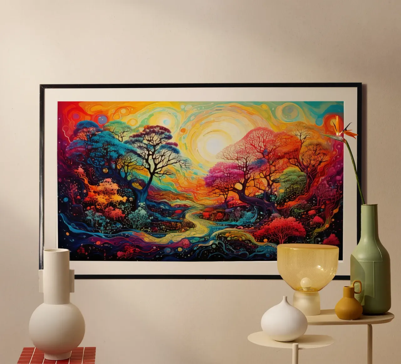 Vibrant Fantasy Landscape poster con telaio in legno da Art Unleashed