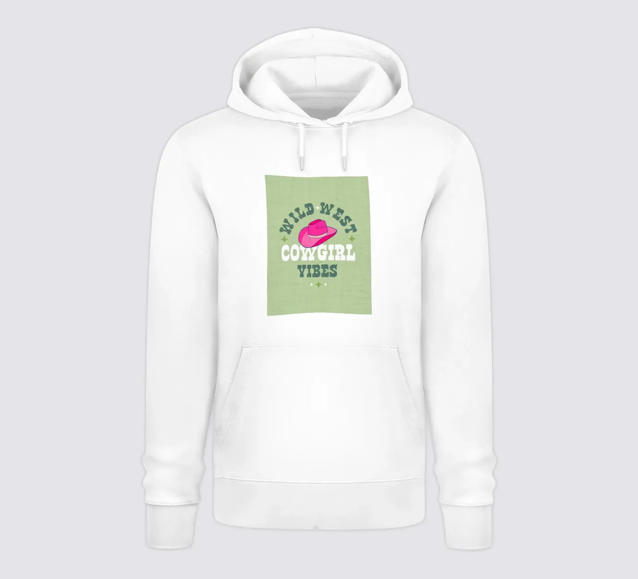 Typographic Wild West Cowgirl Vibes on pastel green hoodie by Dominique Vari Words