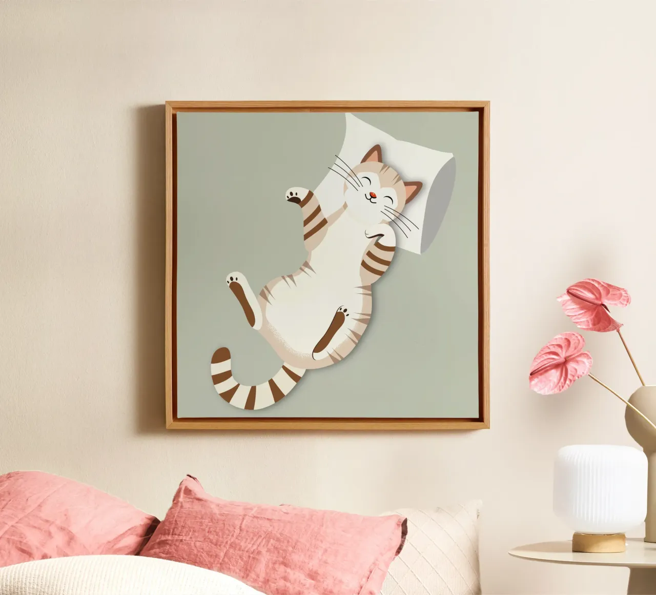 Gatto rilassato con cuscino - Accogliente design animale tela con Cornice a cassetta da namosh