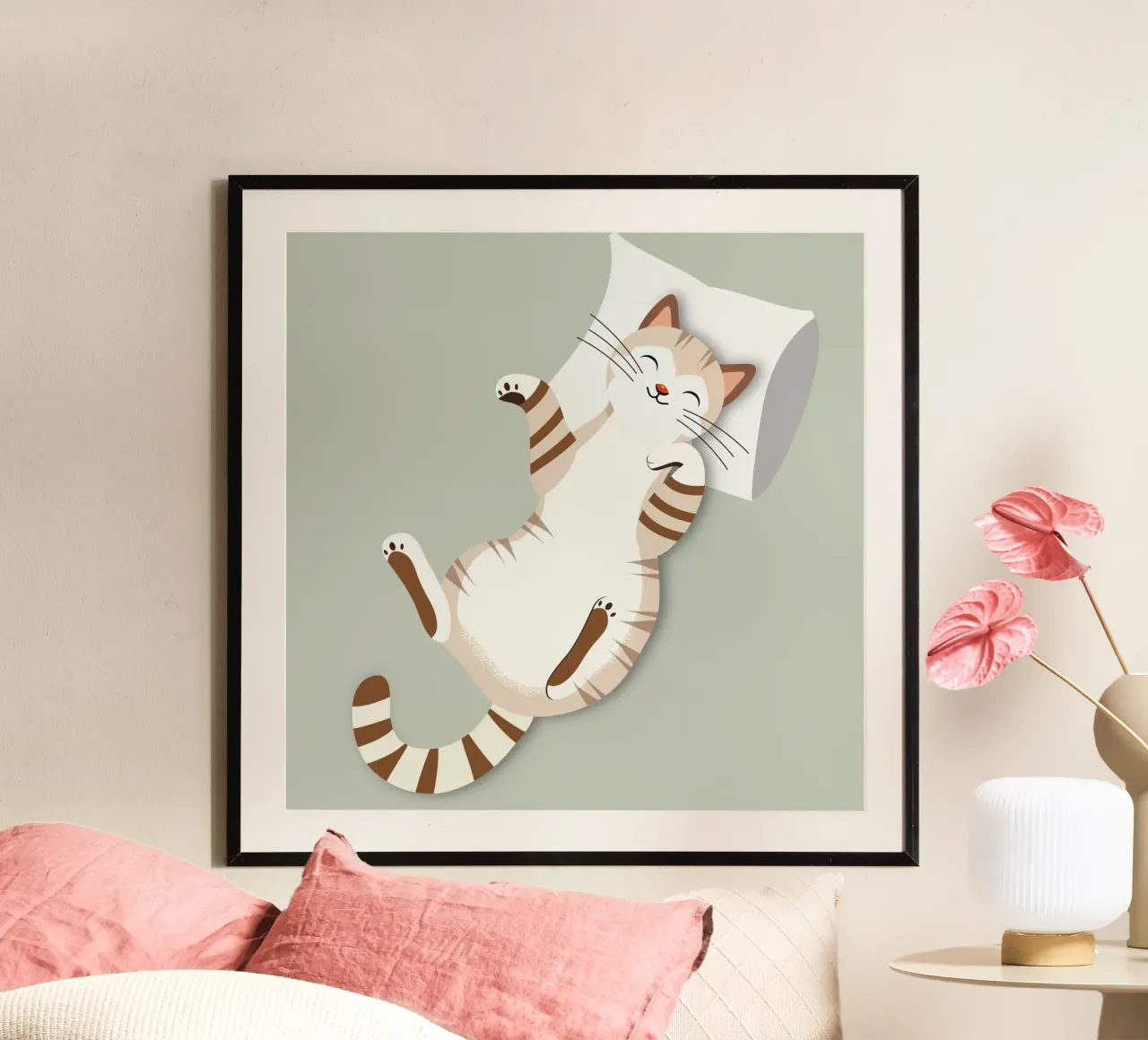 Gatto rilassato con cuscino - Accogliente design animale poster da namosh