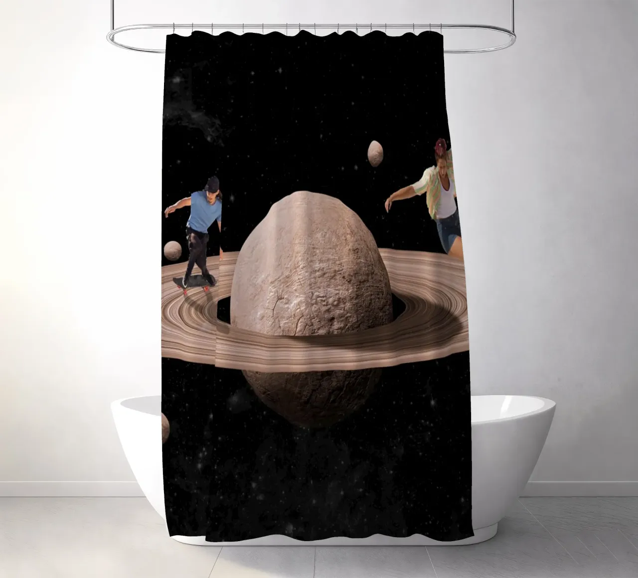 Skating in space shower curtain by Urban Art Draw