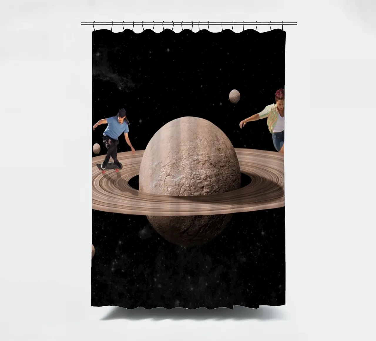 Skating in space shower curtain by Urban Art Draw