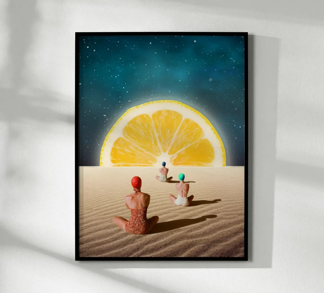 Meditazione al chiaro di luna del deserto poster con telaio in alluminio da Urban Art Draw