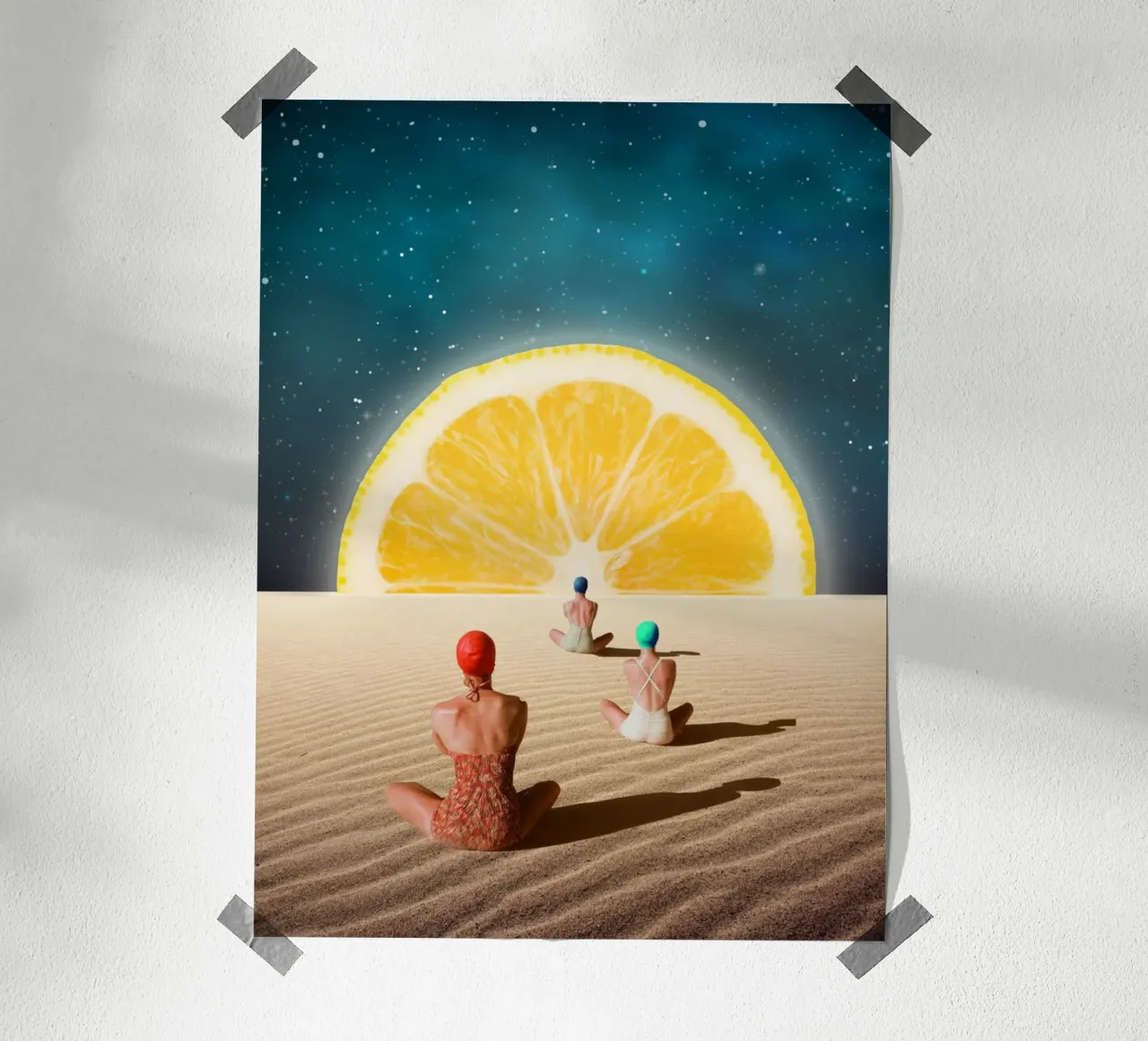 Meditazione al chiaro di luna del deserto poster con telaio in alluminio da Urban Art Draw
