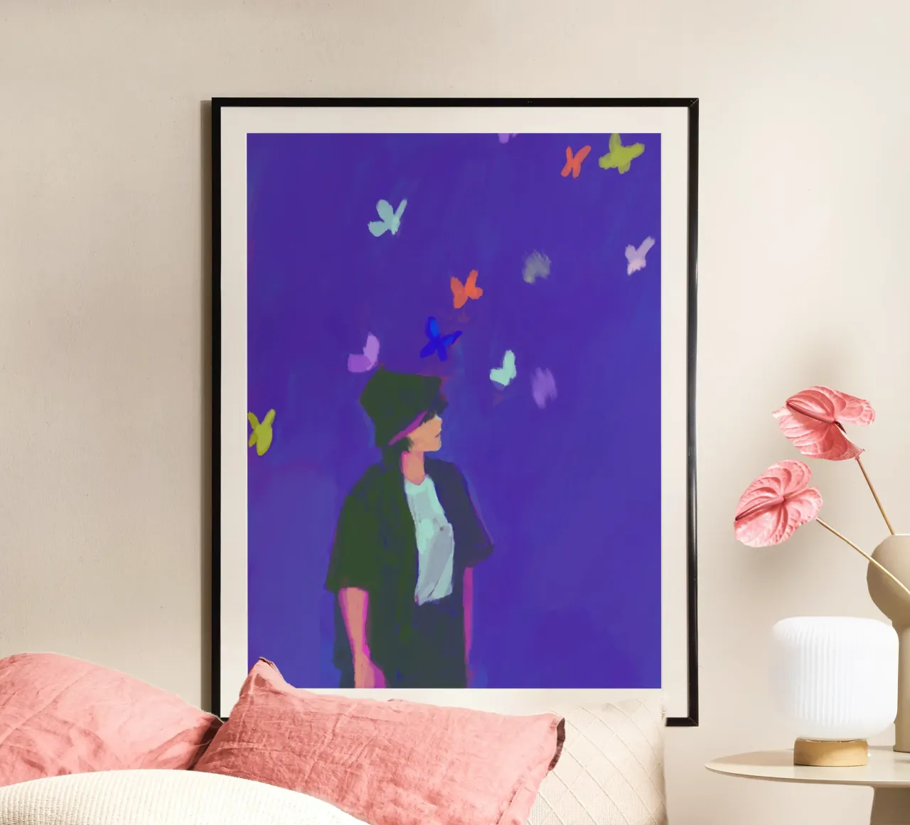 Girl with Butterflies poster con telaio in alluminio da Dreamer10