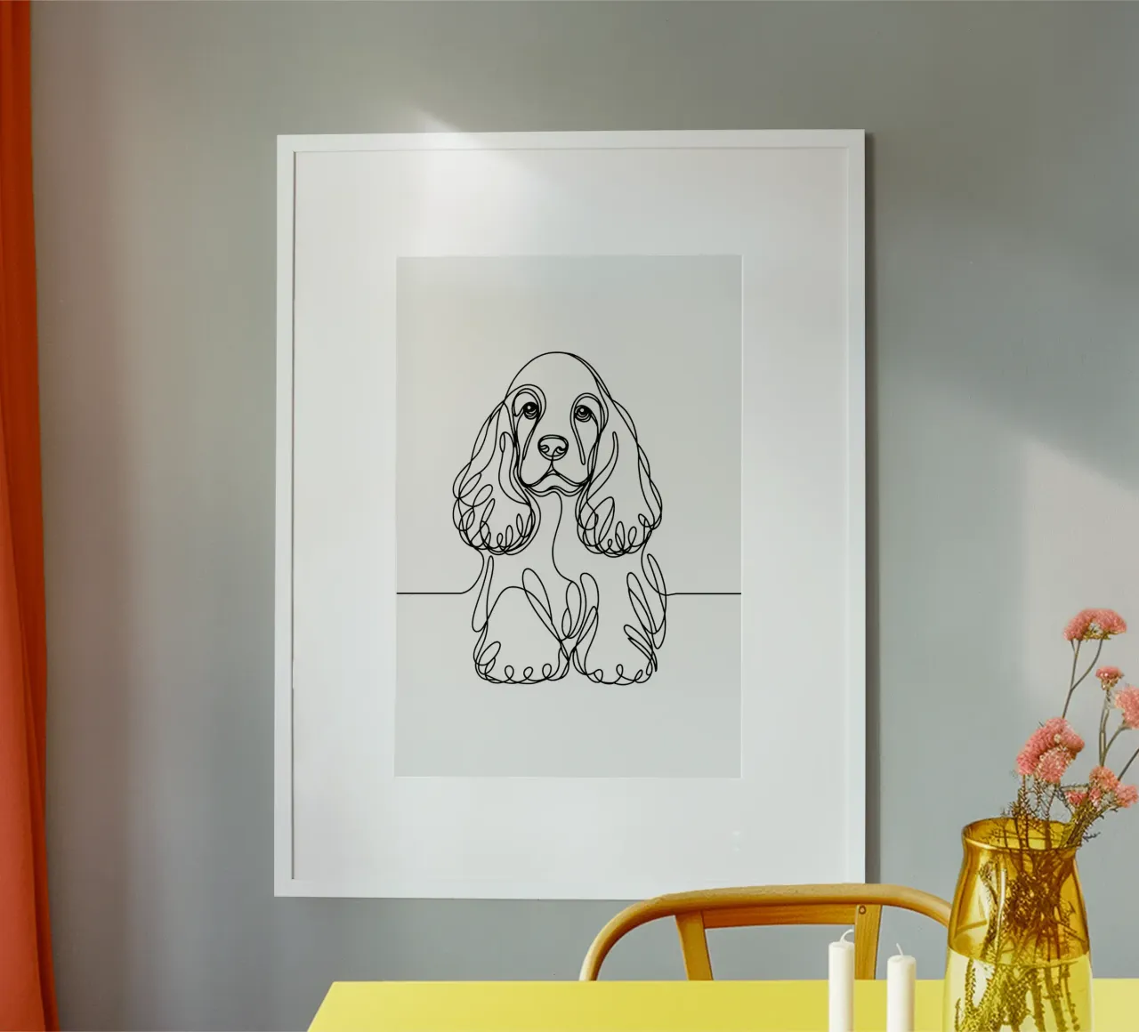 Disegno artistico lineare del cane Cocker Spaniel poster con telaio in legno da WijdevenDesign