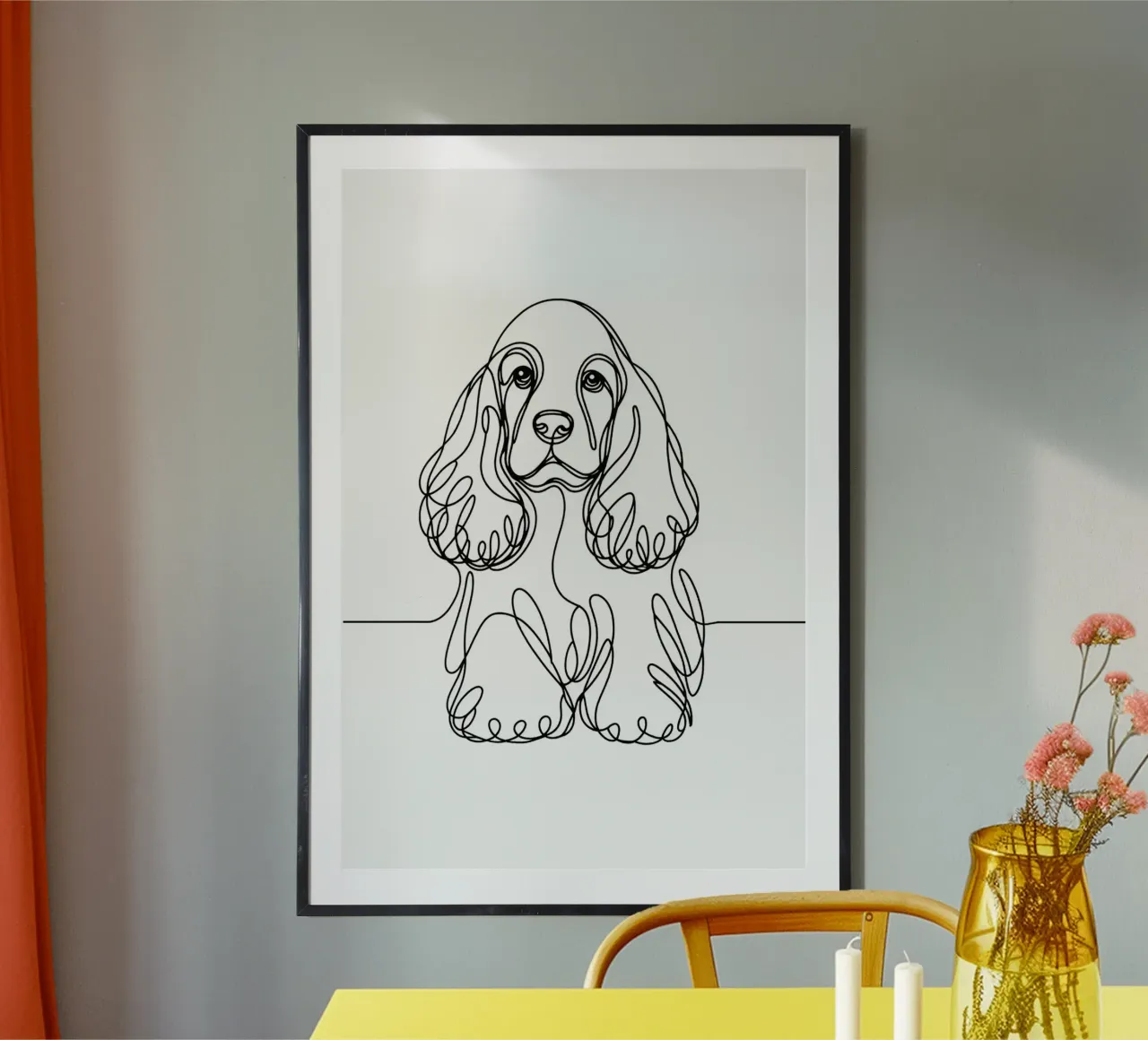 Disegno artistico lineare del cane Cocker Spaniel poster con telaio in legno da WijdevenDesign