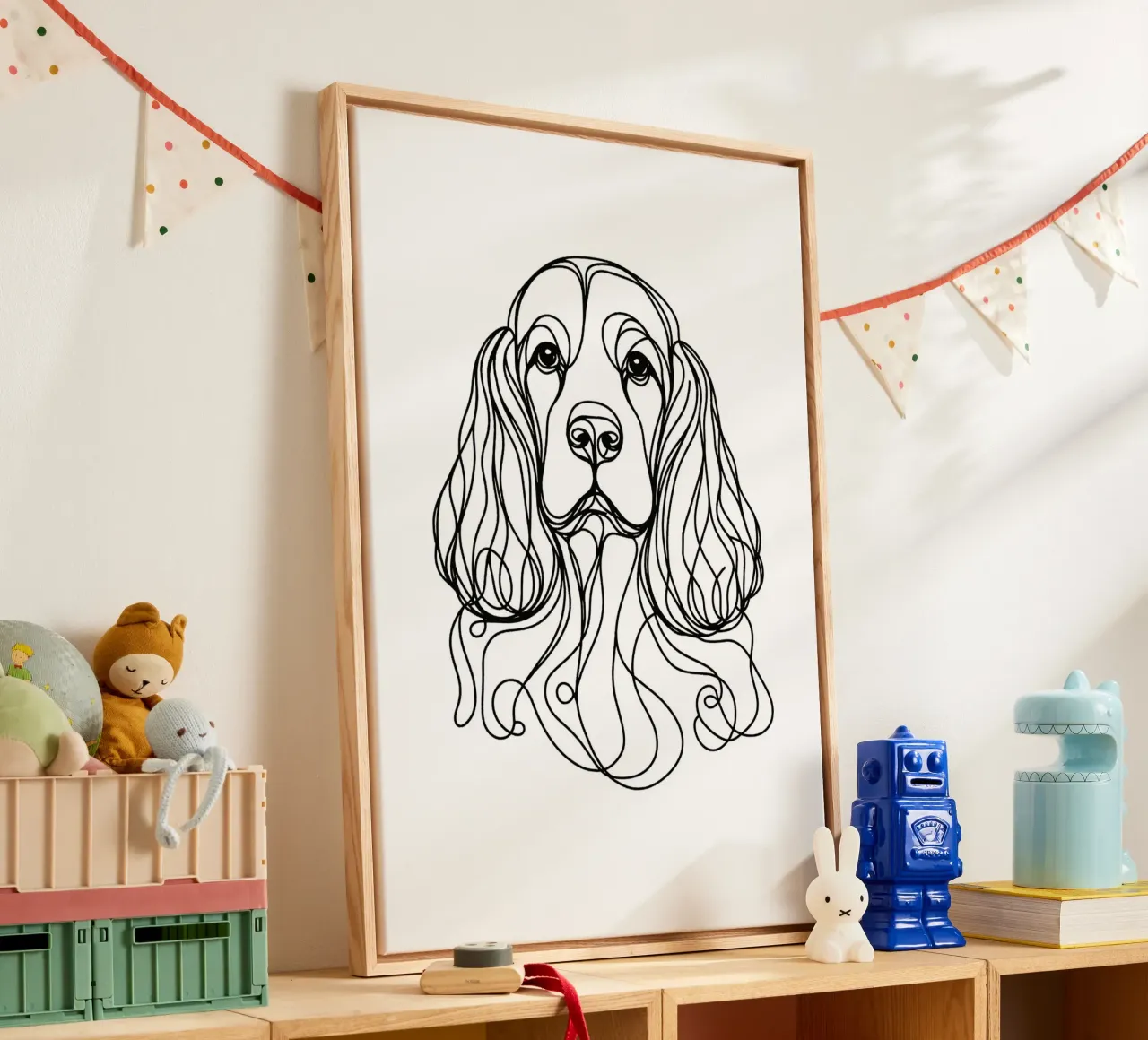 Cocker Spaniel Dog Line Art Drawing Leinwand mit Schattenfugenrahmen von WijdevenDesign