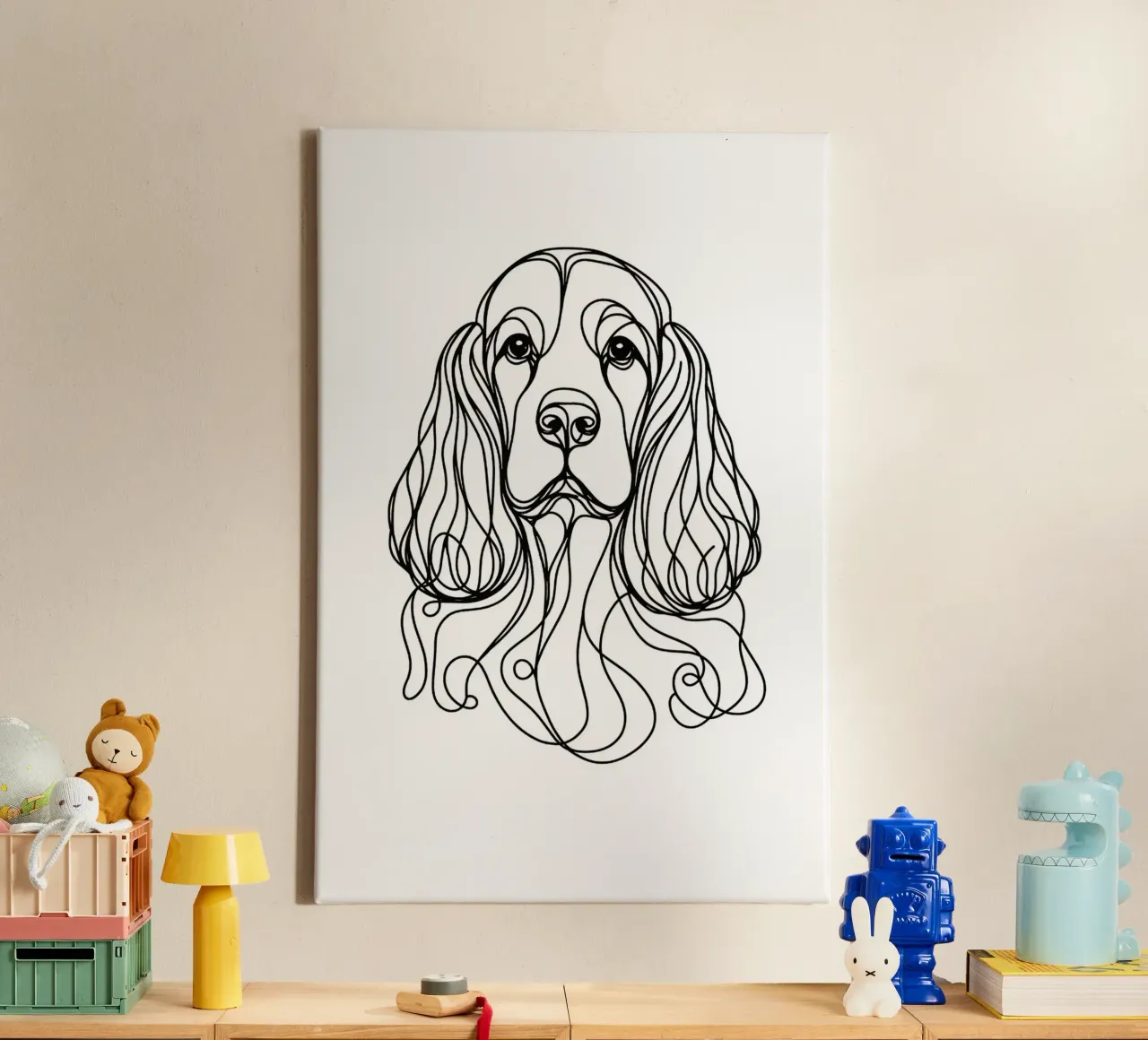 Cocker Spaniel Dog Line Art Drawing Leinwand mit Schattenfugenrahmen von WijdevenDesign