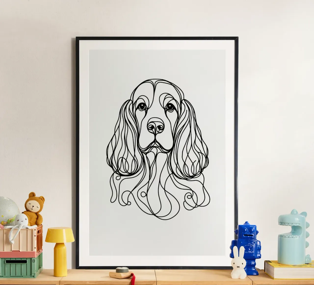 Disegno artistico lineare del cane Cocker Spaniel poster con telaio in plastica da WijdevenDesign