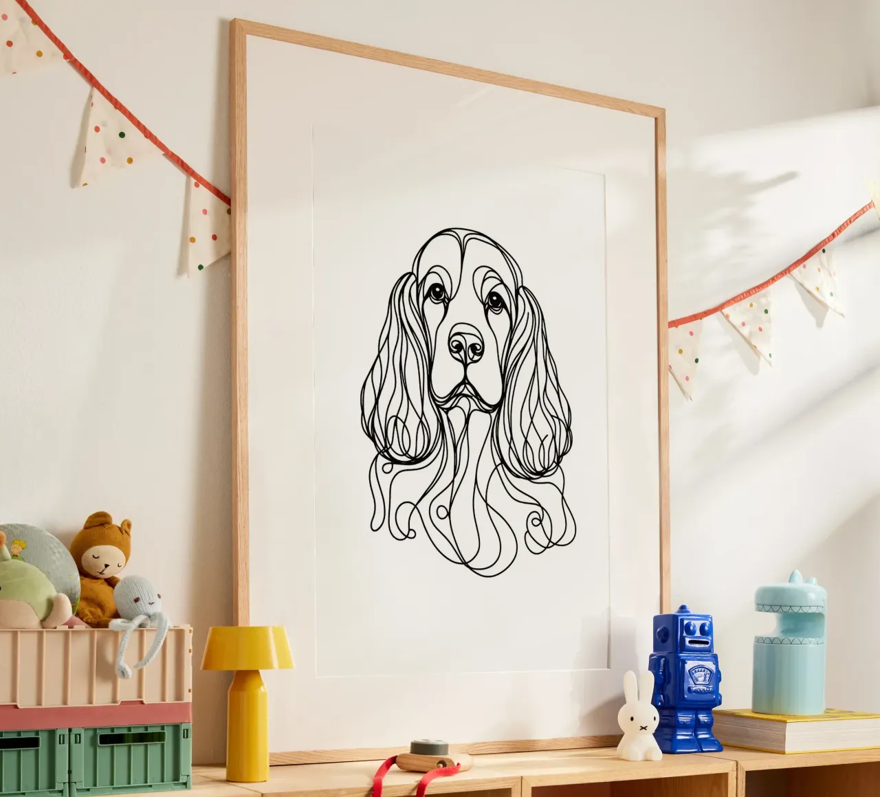 Disegno artistico lineare del cane Cocker Spaniel poster con telaio in plastica da WijdevenDesign