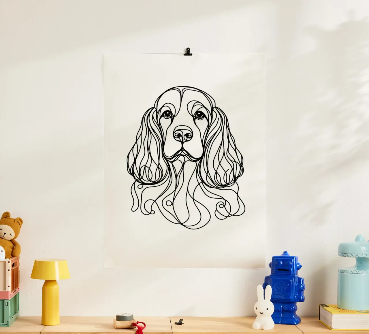 Disegno artistico lineare del cane Cocker Spaniel poster con telaio in plastica da WijdevenDesign