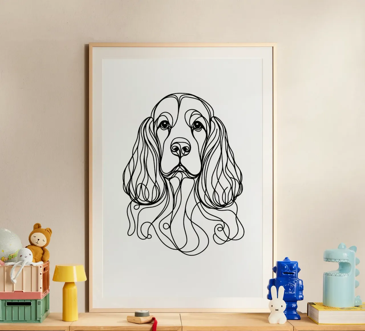 Disegno artistico lineare del cane Cocker Spaniel poster con telaio in plastica da WijdevenDesign