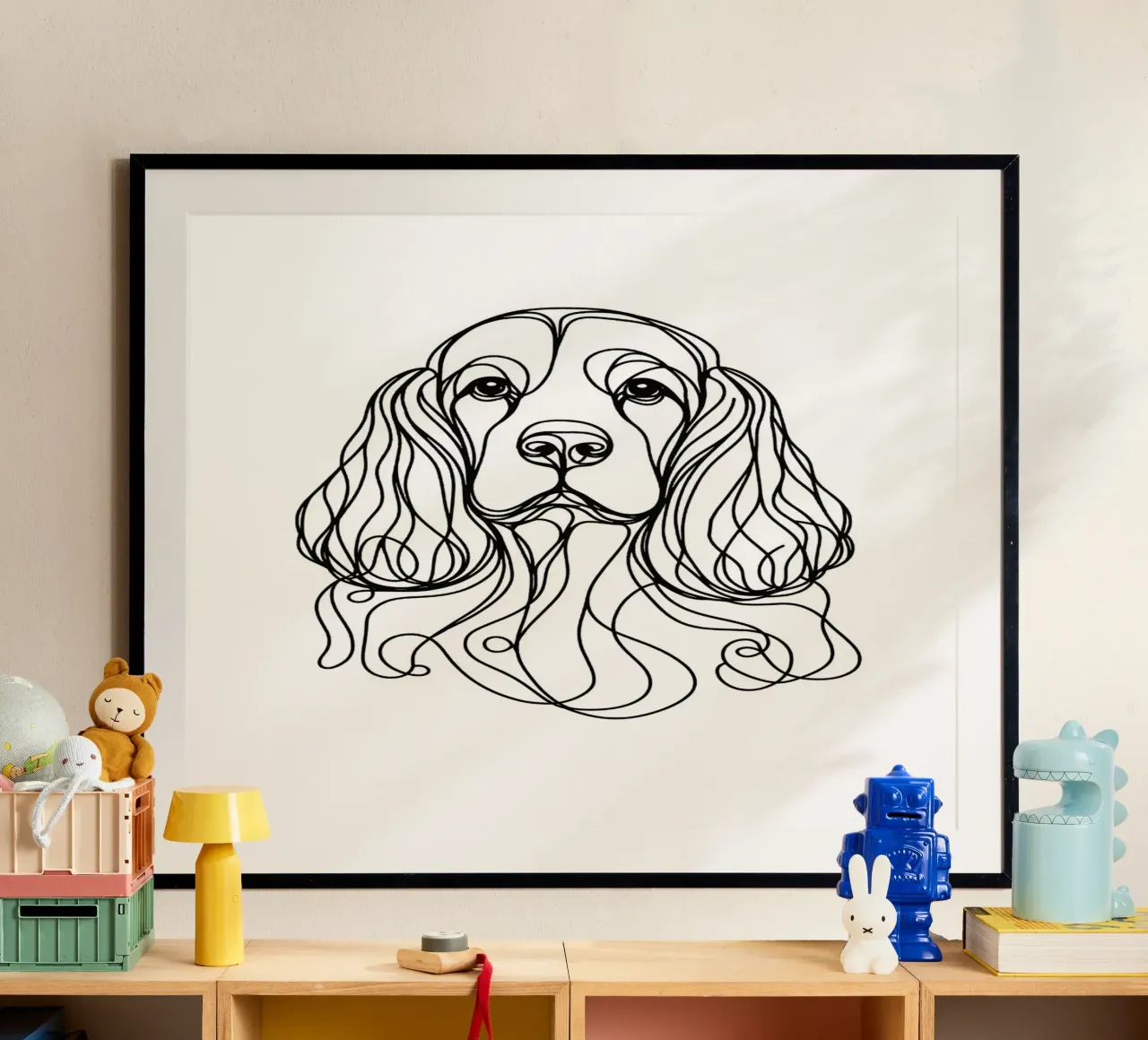 Disegno artistico lineare del cane Cocker Spaniel poster con telaio in plastica da WijdevenDesign