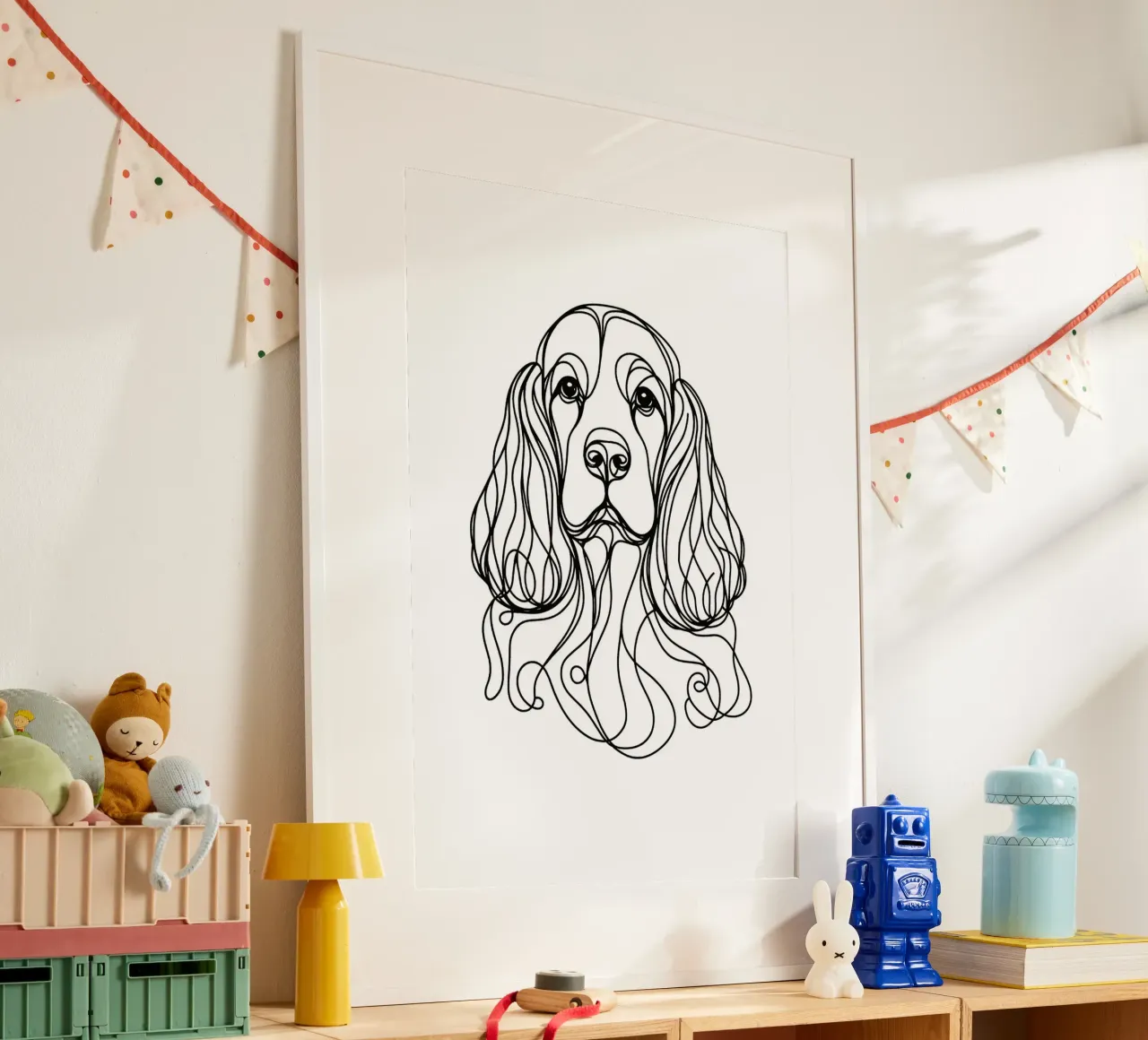 Disegno artistico lineare del cane Cocker Spaniel poster con telaio in plastica da WijdevenDesign