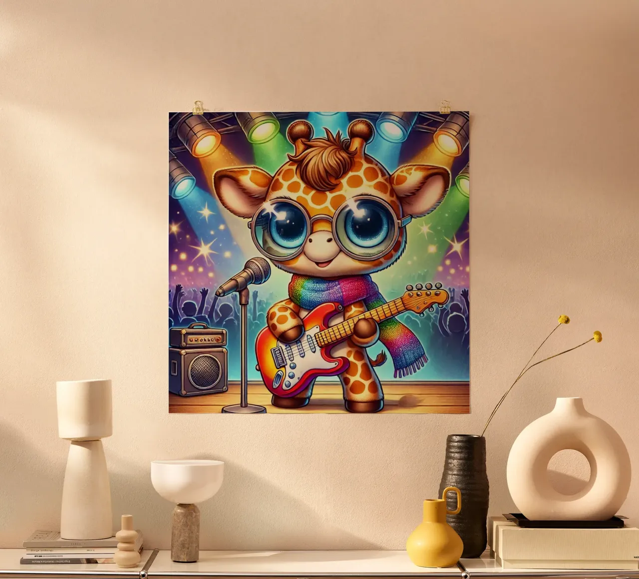 Giraffa Rock Star poster con telaio in plastica da FluffyToons