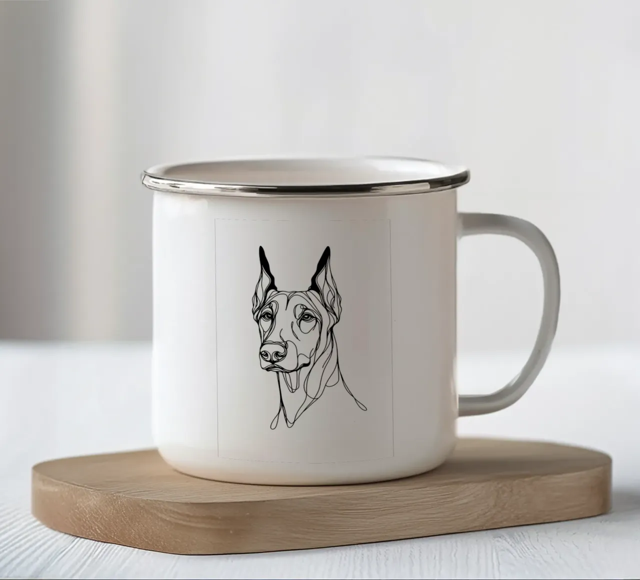 Disegno artistico lineare del cane dobermann tazza in smalto da WijdevenDesign