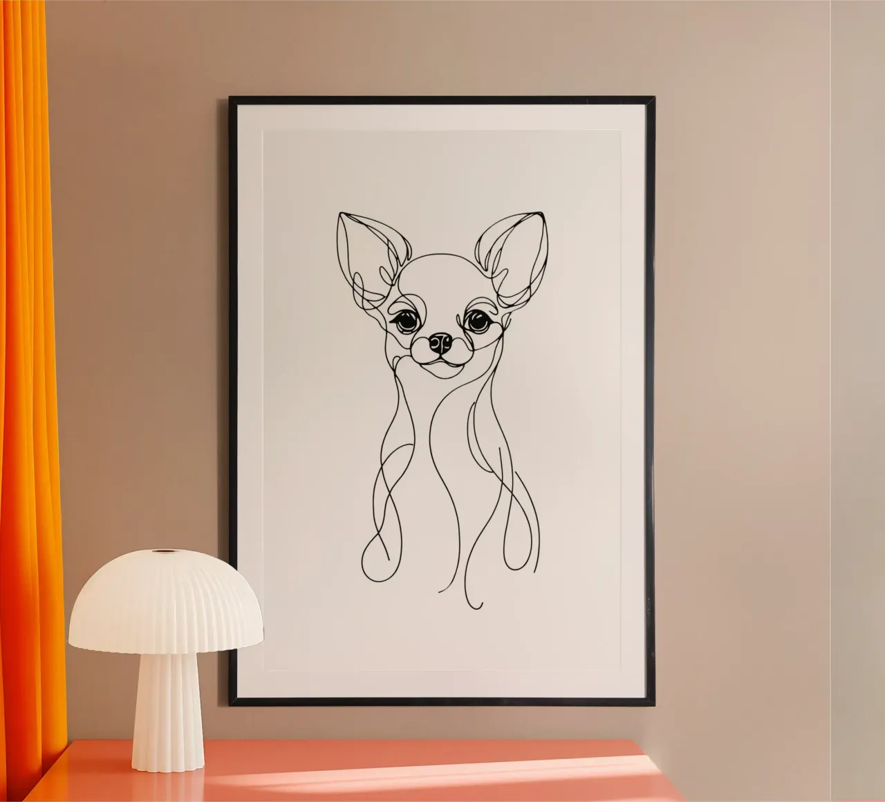 Disegno artistico lineare del cane Chihuahua poster con telaio in legno da WijdevenDesign