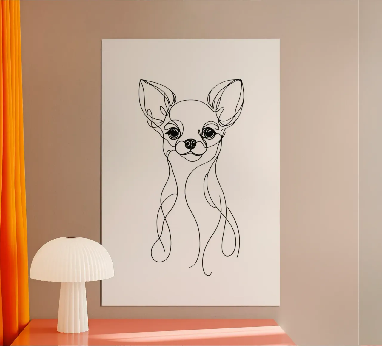 Disegno artistico lineare del cane Chihuahua poster con telaio in legno da WijdevenDesign
