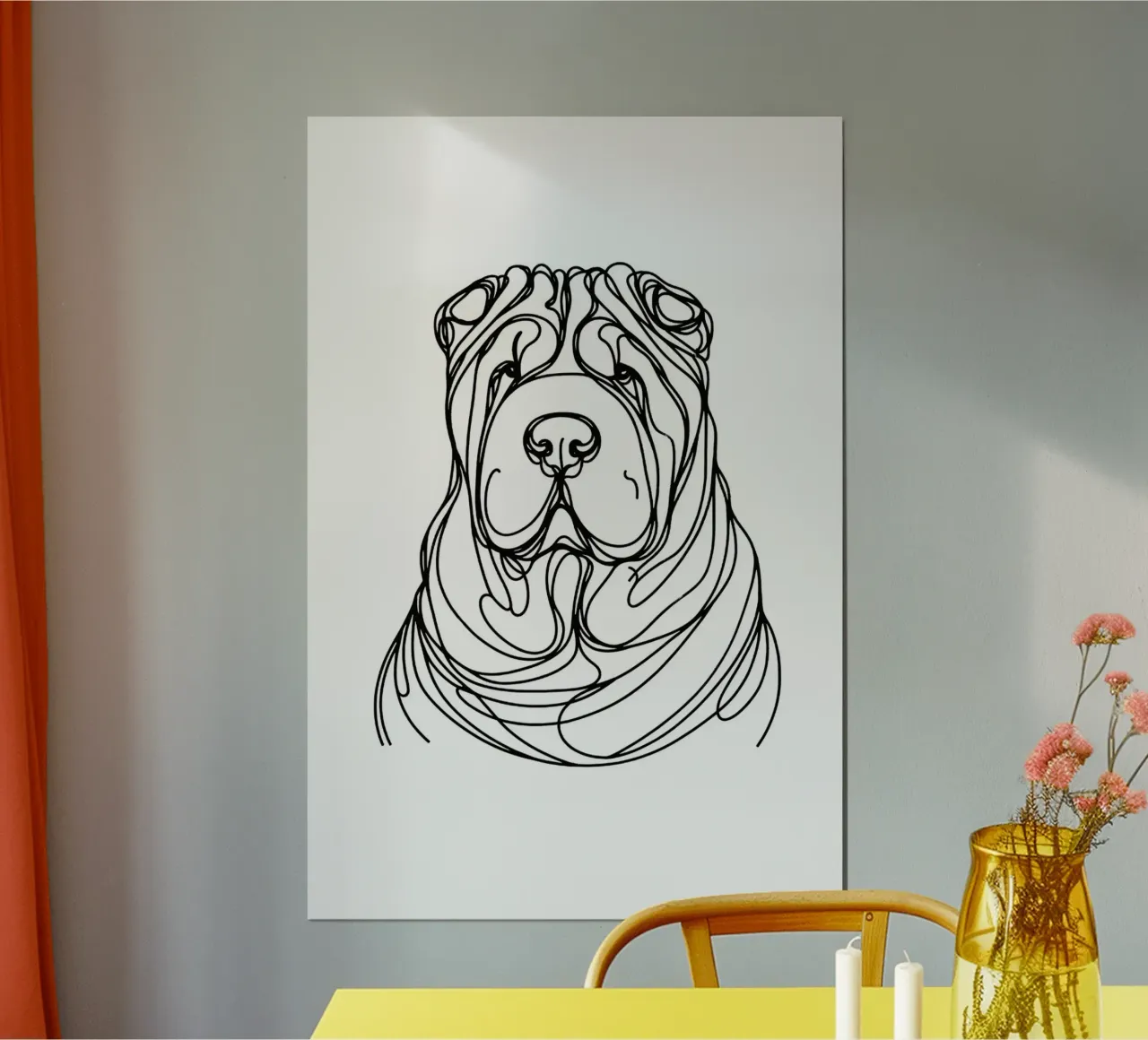 Disegno artistico lineare del cane Shar-Pei cinese poster con telaio in legno da WijdevenDesign