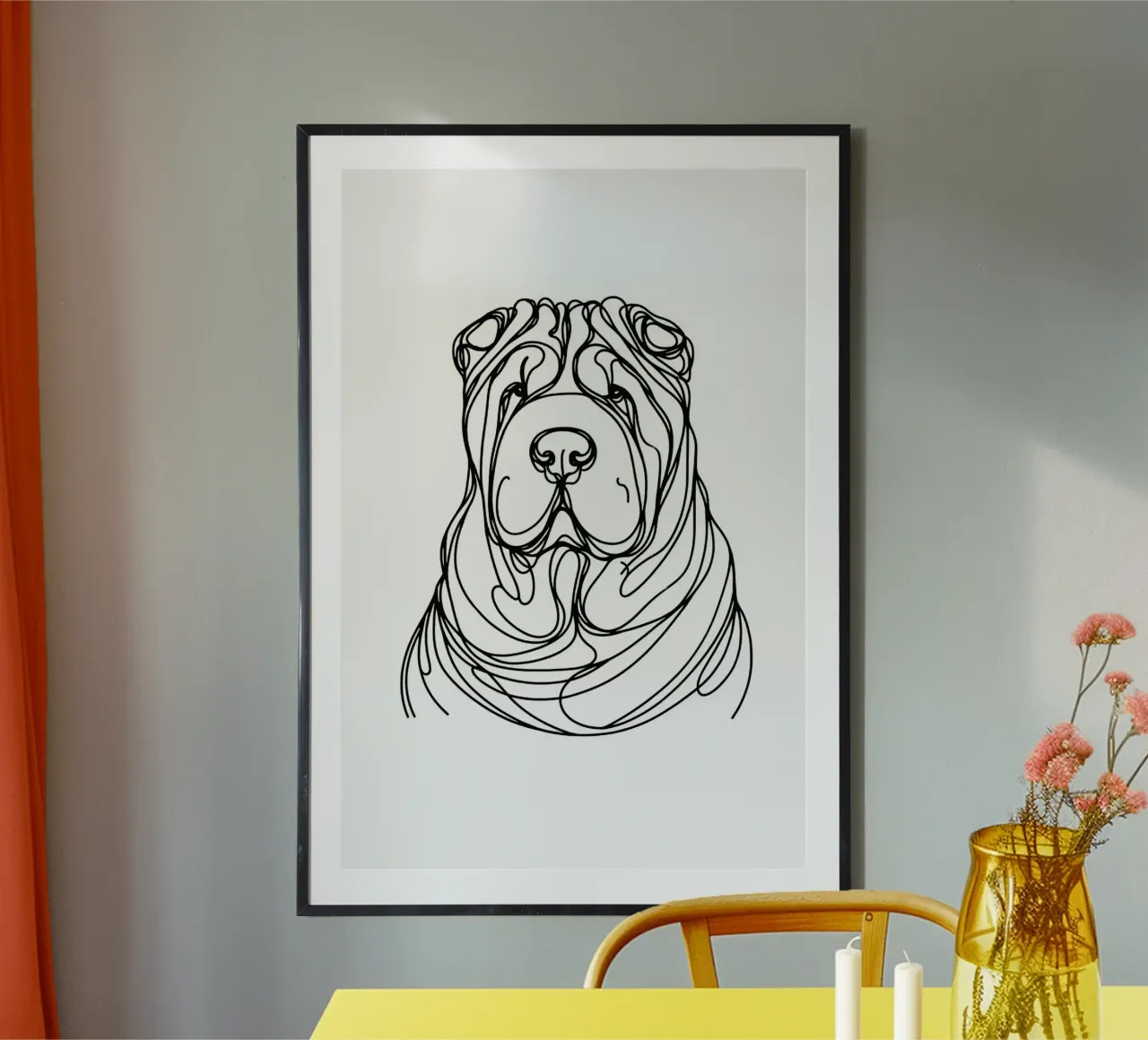 Disegno artistico lineare del cane Shar-Pei cinese poster con telaio in legno da WijdevenDesign