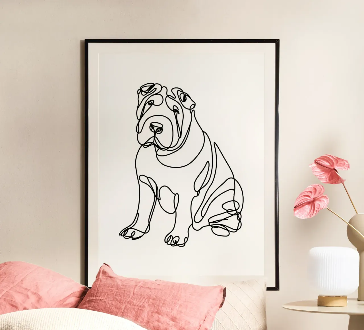 Disegno artistico lineare del cane Shar-Pei cinese poster con telaio in legno da WijdevenDesign