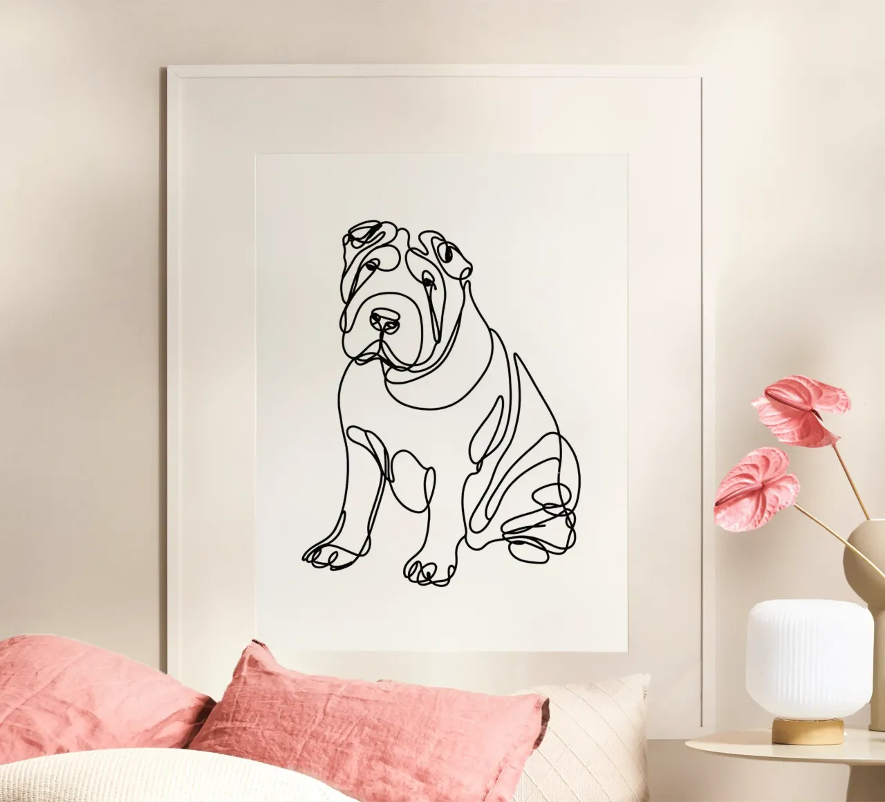 Disegno artistico lineare del cane Shar-Pei cinese poster con telaio in legno da WijdevenDesign
