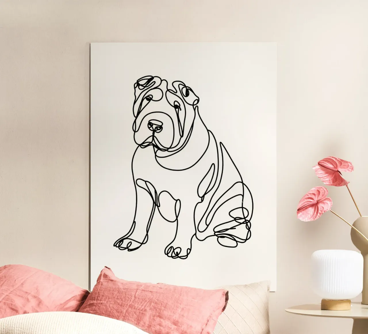 Disegno artistico lineare del cane Shar-Pei cinese poster con telaio in legno da WijdevenDesign