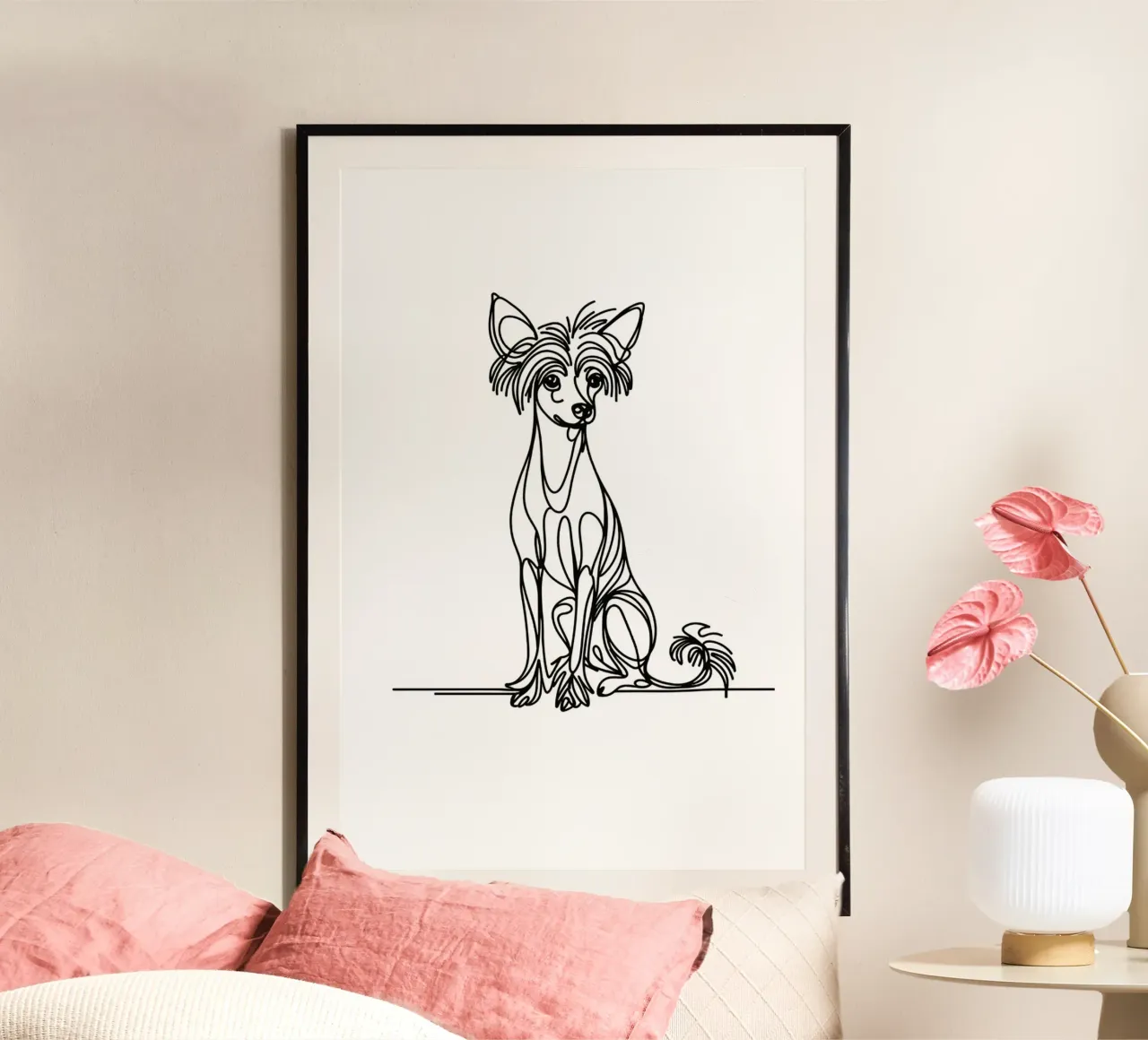 Disegno artistico del cane crestato cinese poster con telaio in plastica da WijdevenDesign