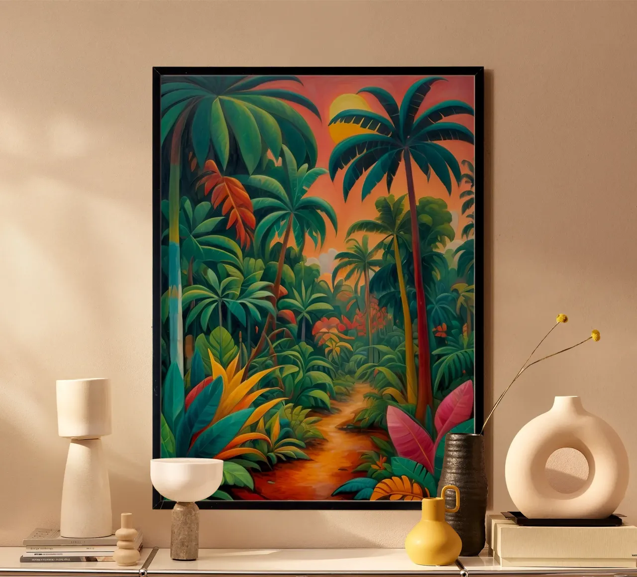 Foresta nativa colorata - Collezione tropicale poster con telaio in alluminio da Conde Arte