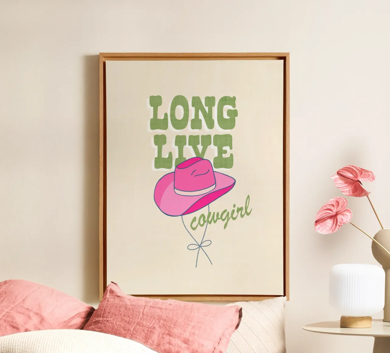 Typographic "Long Live Cowgirl Vibes on pastel Ivory canvas with Floater frame by Dominique Vari Words